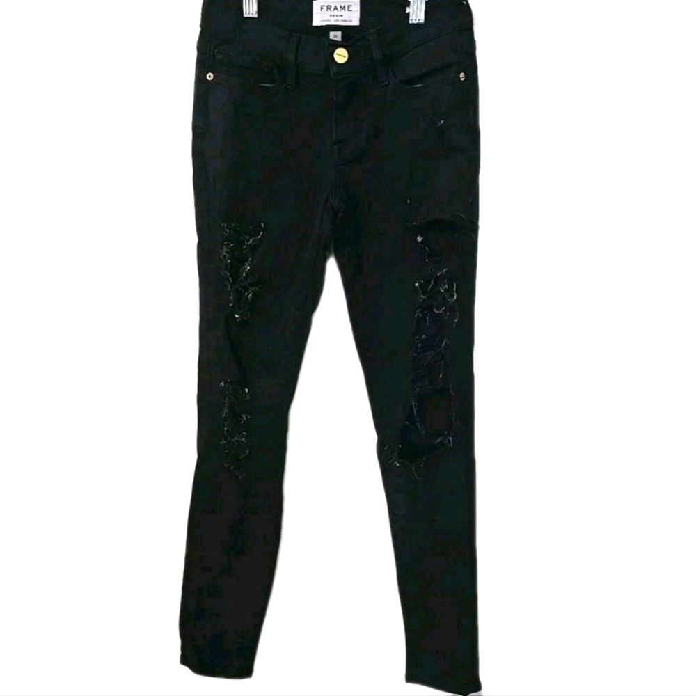 Frame Le Skinny de Jeanne Black Distressed Jeans Size‎ 24